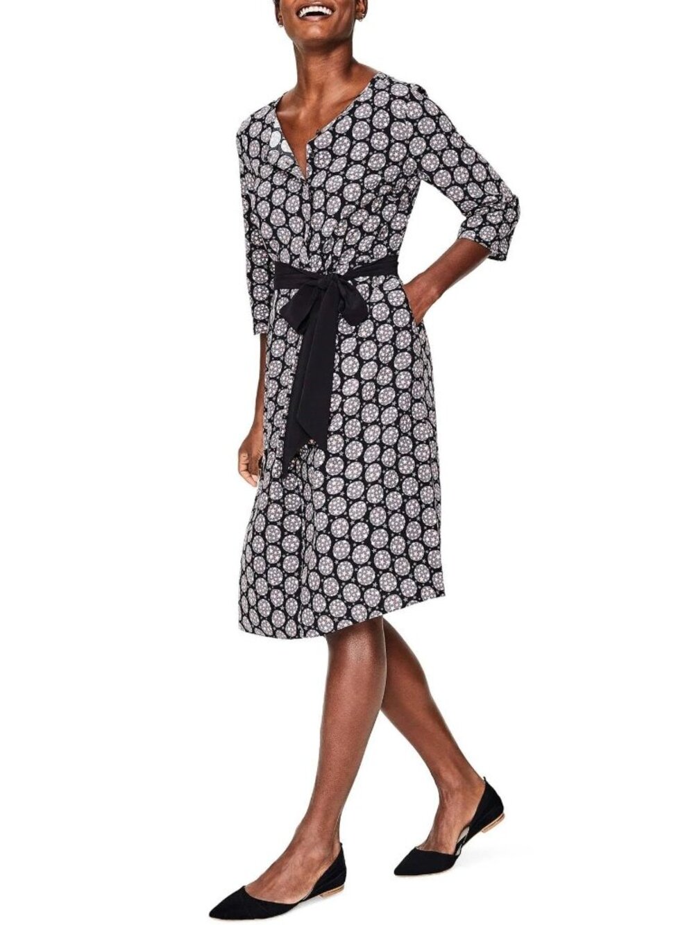 Boden Size 8R Black Pink White Star Polka Dot Ottilie Split Neck A-Line Dress - Picture 2 of 16